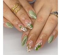 Unghie finte corte a pressione, a pressione, per nail art, fresche, estive, decorazione verde occhio di gatto, per donne e ragazze, 24 pezzi