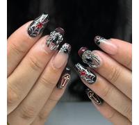 Unghie Finte Corte MouyouGlow,Ballerina Halloween Rosso Gradiente Nero French Ragnatela 3D Argento Ragni Crytsal Horror Gothic Press on Nails con Colla,Ret Ombre Black Fake Nails