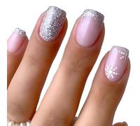 Unghie Finte Corte MouyouGlow,Carré Rosa Brillantini French Fiocco di Neve Natale Press on Nails con Colla,Inverno Christmas Acryl Fake Nails