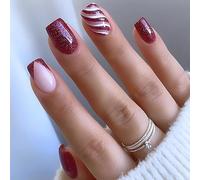 Unghie Finte Corte MouyouGlow,Carré Rosso Bling Canna da Zucchero Natale Press on Nails con Colla,Glitzer Christmas Acryl Fake Nails