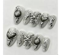 Unghie Finte Corte MouyouGlow,Mandorla Argento Grigio 3D Farfalla Cuore Chrome Charms Diamant Design Short Press on Nails,Silver Autunno Inverno Fake Nails