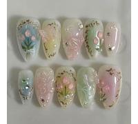 Unghie Finte Corte MouyouGlow,Mandorla Colorato Airbrush 3D Bow Tie Papillon Fiori Butterfly Strass Sweet Coquette Fairy Press on Nails con Colla,Estate Fresco Fake Nails