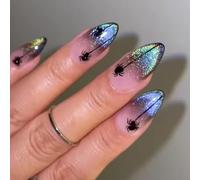 Unghie Finte Corte MouyouGlow,Mandorla Halloween Nudo Gradiente Viola Shimmer Ragni Horror Creepy Press on Nails con Colla,Natural Ombre Purple Bling Spiders Fake Nails