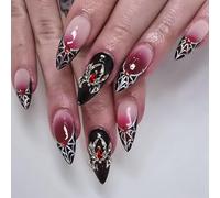 Unghie Finte Corte MouyouGlow,Mandorla Halloween Ragnatela French Rosso Gradiente Nero 3D Argento Ragni Crytsal Horror Gothic Press on Nails con Colla,Ret Ombre Black Fake Nails