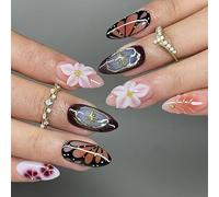Unghie Finte Corte MouyouGlow,Mandorla Nero 3D Fiori Floreali Oro Gold Beads Stella Striped Design Short Press on Nails,Black Pink Flowers Wavy Primavera e Autunno Fake Nails