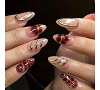 Unghie Finte Corte MouyouGlow,Mandorla Nudo 3D Rosso Fiori Floreali Oro Striped Wavy Design Y2k Press on Nails con Colla,Natural Red Flowers INS Fake Nails