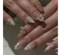 Unghie Finte Corte MouyouGlow,Mandorla Nudo Bianche French 3D Fiori Floreali Stella Marina Oro Aura Perle Ciotola Press on Nails con Colla,Gradient White Shell Y2K INS Fake Nails