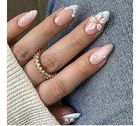 Unghie Finte Corte MouyouGlow,Mandorla Nudo Blu French 3D Bubble Fiori Floreali Water Rib Mare Perle Estate Press on Nails con Colla,White Flowers Ocean Sweet Fake Nails