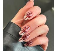 Unghie Finte Corte MouyouGlow,Mandorla nudo Papillon Ribbon Crystal Natale Anno nuovo Cute Christmas XMAS Press on Nails con Colla,Red Bow Tie New Year Fake Nails