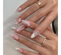 Unghie Finte Corte MouyouGlow,Mandorla Nudo Rosa Bianco French 3D Cuore Love Perla Stelle Cute Crystal Coquette Press on Nails con Colla,Scintillio Argento Star Papillon Fake Nails