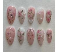 Unghie Finte Corte MouyouGlow,Mandorla Nudo Rosa Bow Papillon Rose Floreale Perla Crystal Sweet Press on Nails con Colla,Pink Flower Diamant Fake Nails