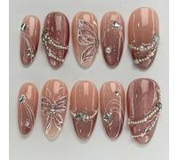 Unghie Finte Corte MouyouGlow,Mandorla Nudo Scuro 3D Farfalla Perle Crystal Cat Eye Design Y2k Press on Nails con Colla,Dark Natural Butterfly Estate INS Shimmer Fake Nails