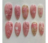 Unghie Finte Corte MouyouGlow,Mandorla Ombre Rose 3D Fiori Floreale Gatto Papillon Bow Tie Design Y2k Press on Nails con Colla,Striped Fairy Sweet Estate INS Fake Nails