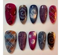 Unghie Finte Corte MouyouGlow,Mandorla Oro French 3D Stella Luna Cigno A Quadrati Design Y2k Press on Nails con Colla,Stars Moon Swan Checkered Estate Sweet Fake Nails