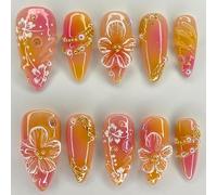 Unghie Finte Corte MouyouGlow,Mandorla Rosa Giallo Airbrush 3D Fiori di ibisco Flowers Chrome Chains Fairy Perle Sweet Press on Nails con Colla,Frühling Herbst Fake Nails