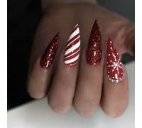Unghie Finte Corte MouyouGlow,Mandorla Rosso Brillantini Natale Fiocco di neve Christmas XMAS Anno Nuovo Crystal Candy Cane Press on Nails con Colla,New Year Red Winter Fake Nails