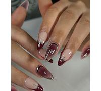 Unghie Finte Corte MouyouGlow,Mandorla Rosso French 3D Argento Stella Design Y2k Press on Nails con Colla,Red Tips Airbrushing Silver Star INS Fake Nails
