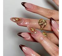 Unghie Finte Corte MouyouGlow,Mandorla Rosso Scuro Borgogna French 3D Oro Stella Blush Design Y2k Press on Nails con Colla,Dark Wine Red Star INS Sweet Fake Nails