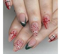 Unghie Finte Corte MouyouGlow,Mandorla Verde French Papillon Ribbon Bastoncino di zucchero Natale Anno nuovo Cute Christmas XMAS Press on Nails con Colla,Red New Year Fake Nails
