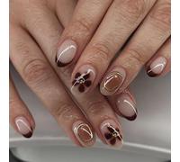 Unghie Finte Corte MouyouGlow,Rotondo Rosso Scuro Borgogna French Fiori Floreali Oro Aura Beads Estate Press on Nails con Colla,Dark Wine Red Flowers INS Sweet Fake Nails