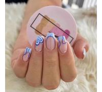 Unghie Finte Corte MouyouGlow,Squadrata Blu French Striped Cuore Design Press on Nails con Colla,Blue Tips Wave Love Valentine Estate Sweet INS Fake Nails per Donne e Ragazze