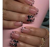 Unghie Finte Corte MouyouGlow,Squadrata Cute Nudo Leopardo French 3D Papillon Bow Design Y2K Coquette Press on Nails con Colla,Sweet Fake Nails