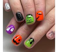 Unghie Finte Corte MouyouGlow,Squadrata Halloween Lanterna di Zucca Tela di Ragno Pipistrello Soul Ghost Creepy Horror Cute Cartoon Press on Nails con Colla,Brillantini Fake Nails