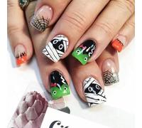 Unghie Finte Corte MouyouGlow,Squadrata Halloween Mummy Tela di Ragno Brillantini KA PPA Cute Cartoon Raccapricciante Creepy Horror Press on Nails con Colla,Scary Fake Nails