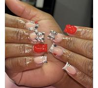 Unghie Finte Corte MouyouGlow,Squadrata Nudo Zebra French Rosso 3D Striped Bow Papillon Fiori Crystal Press on Nails con Colla,Cute Kawai Sweet Fake Nails