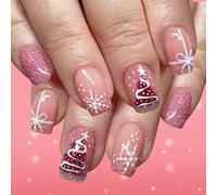 Unghie Finte Corte MouyouGlow,Squadrata Rosa Brillantini Rosso Christmas Tree Stella Papillon Bow Tie Fiocco di neve XMAS Press on Nails con Colla,Pink Bling Winter New Year Fake Nails
