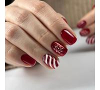 Unghie Finte Corte MouyouGlow,Squadrata Rosso Bastoncino di zucchero Natale Fiocco di neve Christmas XMAS Anno nuovo Press on Nails con Colla,Candy Cane New Year Fake Nails