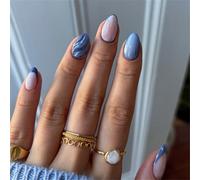 Unghie finte corte ovali a pressione, blu scuro, glitterate, decorazione per nail art, French Aurora, per donne e ragazze, 24 pezzi