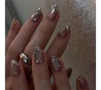 Unghie finte corte ovali a pressione, in metallo, con linee argentate, decorazione per nail art, lucide, per donne e ragazze, 24 pezzi