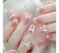Unghie finte corte quadrate a pressione, con fiori francesi, decorazione per nail art, per donne e ragazze, 24 pezzi