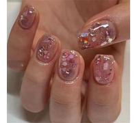 Unghie finte corte quadrate a pressione, con paillettes viola, decorazione per nail art, glitterate, per donne e ragazze, 24 pezzi