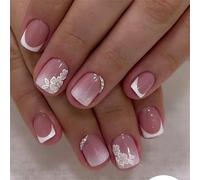 Unghie finte corte quadrate con glitter eleganti fiori decorativi per nail art, sfumati francesi, per donne e ragazze, 24 pezzi