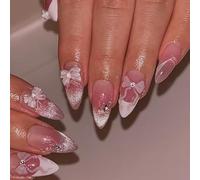 Unghie finte da incollare - 24 pezzi, effetto occhio di gatto ghiacciato con linee, papillon stile francese blush, stile morbido europeo INS, con colla, rimovibili