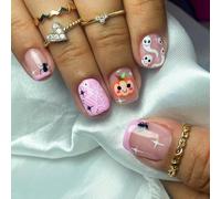 Unghie finte di Halloween - 24 pezzi di unghie finte corte quadrate con colla - Design adesivo a forma di zucca fantasma ragnatela