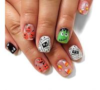 Unghie finte di Halloween - 24 pezzi di unghie finte gotiche - Unghie finte corte quadrate con colla - Nail art con mummia di zucca e unghie acriliche for donne