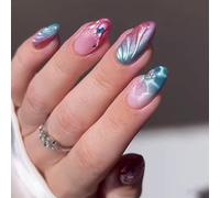 Unghie finte Effetto 3D Onde Blu Gradiente Occhio Di Gatto, 24 Pezzi Con Colla, Stile Europeo Ins