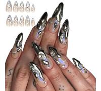 Unghie finte eleganti a forma di mandorla con effetto argento 3D e fiocco dettaglio facile da usare lucido bastone sulle unghie manicure