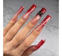 Unghie Finte Estremo Lungo MouyouGlow,Ballerina Nudo Rosso French Brillantini 3D Bow Tie Papillon Natale Fiocco di neve Christmas XMAS Press on Nails con Colla,New Year Snow Fake Nails