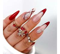 Unghie Finte Estremo Lungo MouyouGlow,Stiletto Nudo Rosso French Brillantini Natale Fiocco di neve Christmas XMAS Press on Nails con Colla,New Year Snow Fake Nails