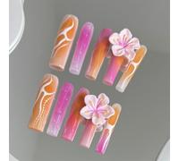 Unghie finte extra lunghe, quadrate, fatte a mano, a pressione, a forma di fiore, per nail art, colorate, sfumate, per donne e ragazze, 10 pezzi (A711-M)