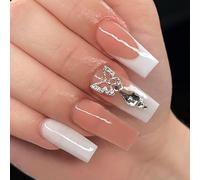 Unghie finte francesi lunghe unghie finte a farfalla con strass a pressione sulle unghie sfumate copertura completa unghie adesive per donne e ragazze, con colla solida, lampada per unghie