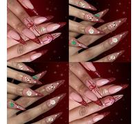 Unghie finte glitterate color vino rosso vino, 48 pezzi, pupazzo di neve festivo, fiocco di neve, set natalizio con design a pressione sulle unghie