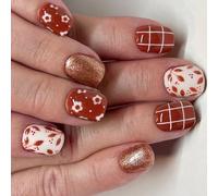 Unghie finte glitterate per l'inverno, 24 pezzi, con fiori e linee a pressione, unghie artificiali per donna