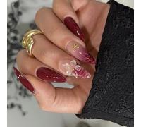 Unghie finte in ABS con opere d'arte floreali scolpite a forma di mandorla rosso vino design manicure francese per eventi speciali unghie finte rosso vino con intaglio