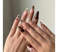 Unghie finte leopardate con punta francese, 24 pezzi, a forma di mandorla con ciondoli dorati, gel 3D, copertura completa, stampa ghepardo, set artistico corto per donne, manicure fai da te in stile