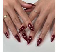 Unghie finte lunghe, 30 pezzi, a forma di mandorla, rosso ciliegia, bordeaux, lucide, tinta unita, con colla per unghie, per donne e ragazze, rosso ciliegia
